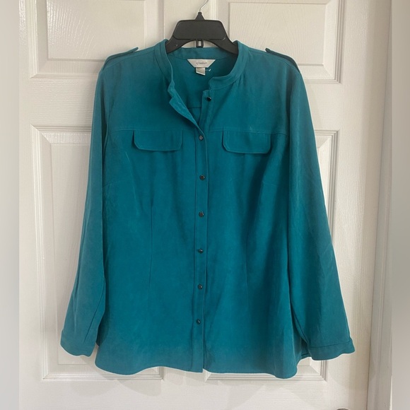 CJ Banks Button Up Faux Suede Shirt Womens 1X Teal Long Sleeve Plus Western - Picture 1 of 14